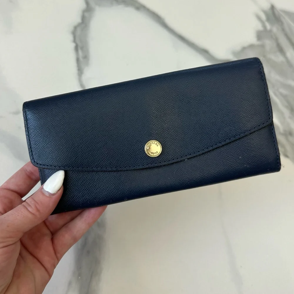 MICHAEL KORS Navy Blue & Yellow Leather Long Wallet Clutch Gold Hardware Button